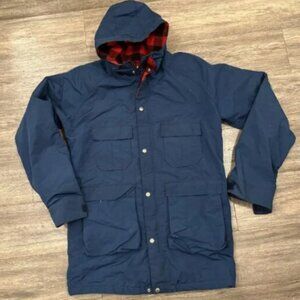 LL Bean Baxter State Parka Men Medium Long Blue Wool Flannel Lined Barn Coat